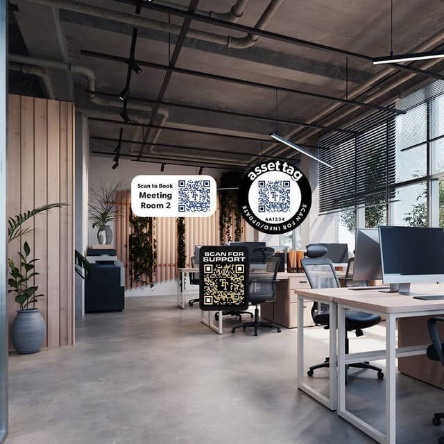 QR codes floating in the air in an office space