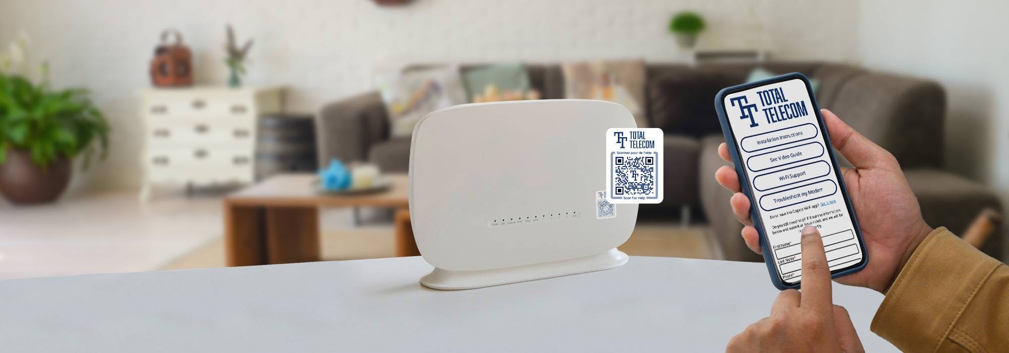A person scanning a QR code on a router